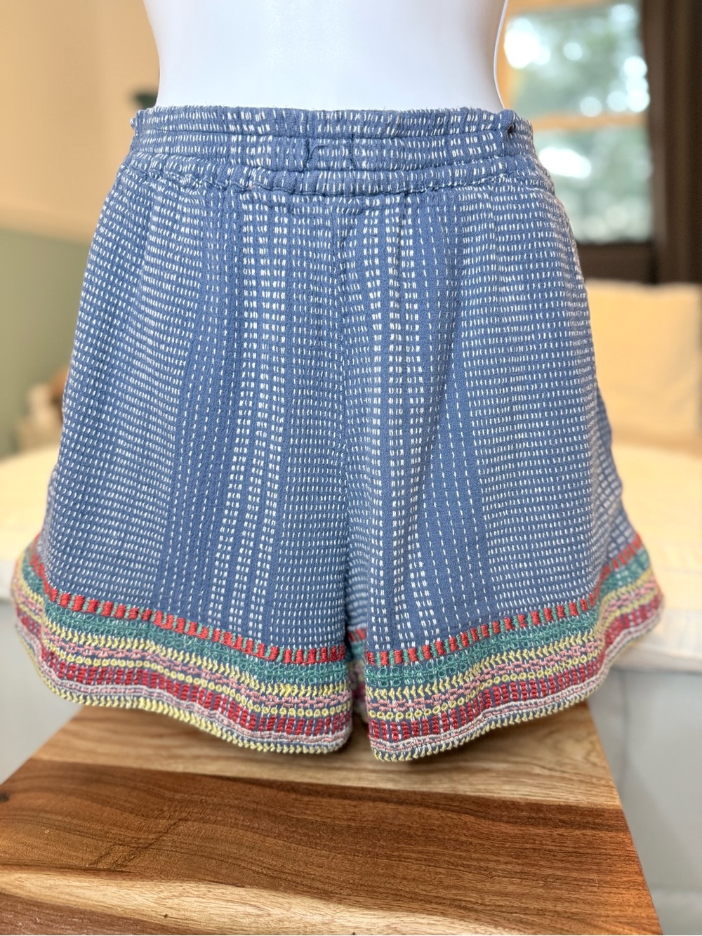 THML Blue Knit High-Waist Shorts with Multicolor Hem